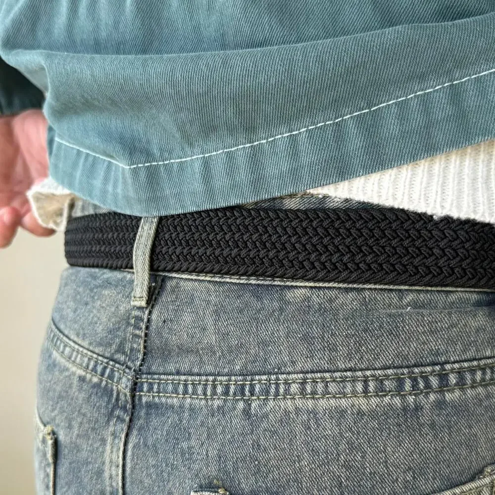 Y2K Black Grey Elastic Belt Silver Hardware Adjustable Unisex New